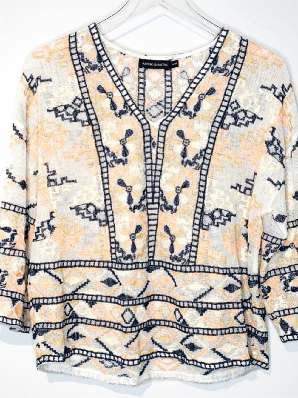 Antik Batik White, Peach & Navy Embroidered V-Neck Tunic